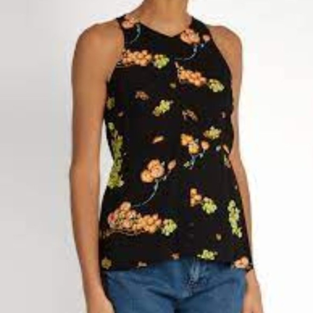 A.L.C. Silk Sleeveless Floral Blouse, Black/Orange/Yellow, Size 8
